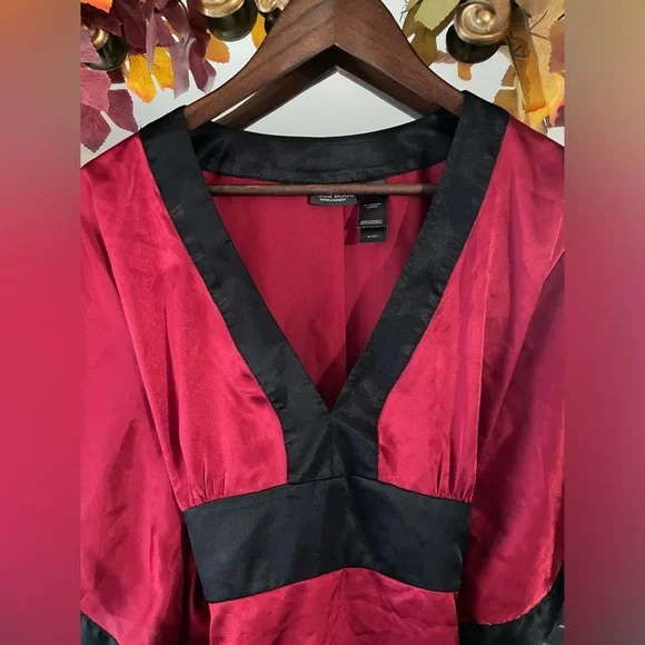 Bisou Bisou Vintage Kimono Top BoHo Empire Tie Waist Red and Black Satin - Picture 3 of 6